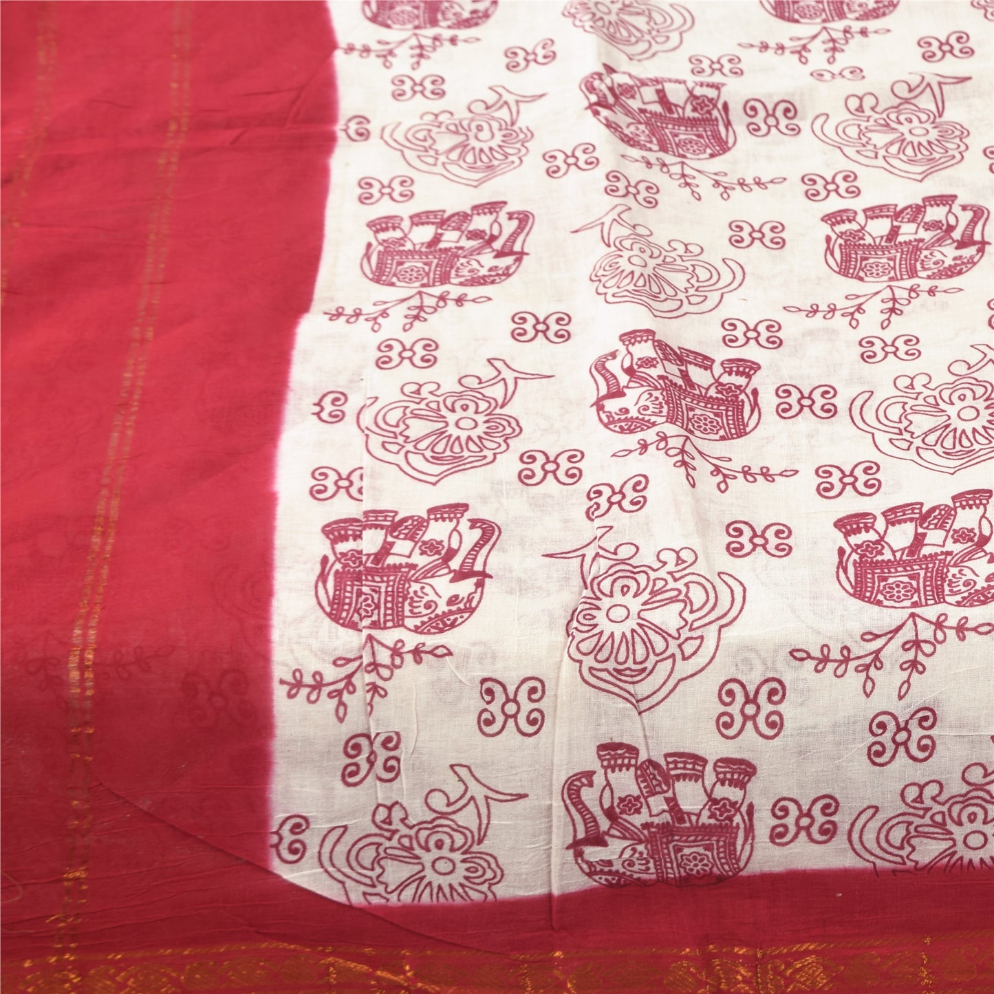 Sanskriti Vintage Sarees White/Red Zari Woven Print Pure Cotton Sari 5+yd Sustainable Fabric