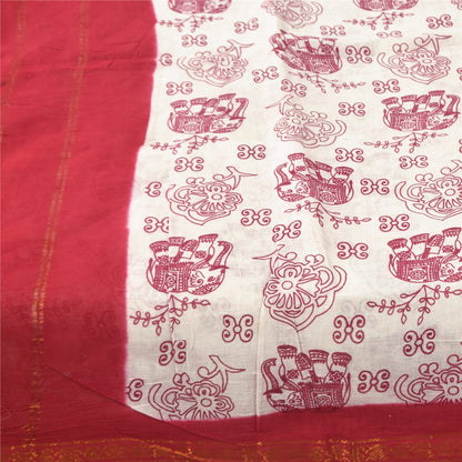 Sanskriti Vintage Sarees White/Red Zari Woven Print Pure Cotton Sari 5+yd Sustainable Fabric