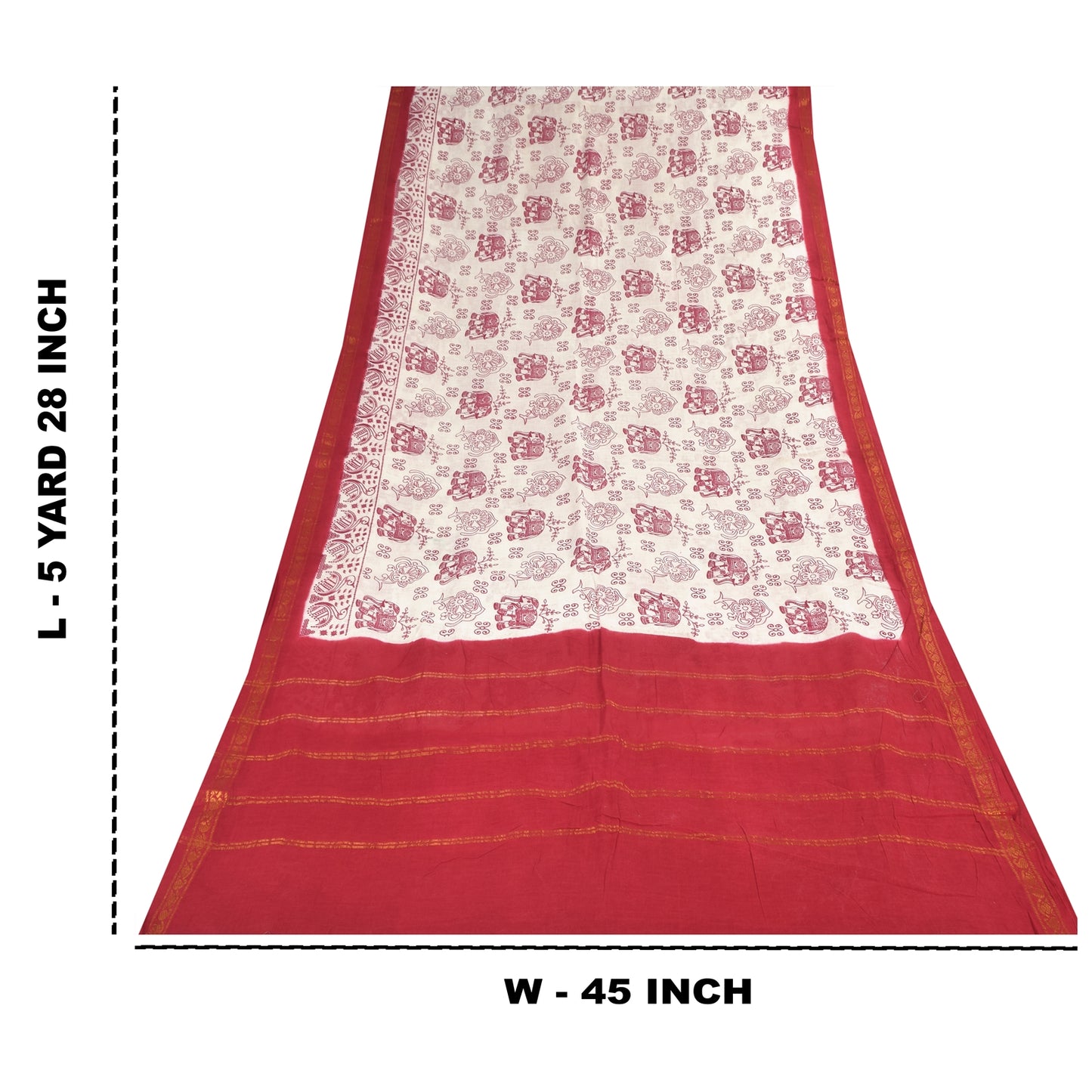 Sanskriti Vintage Sarees White/Red Zari Woven Print Pure Cotton Sari 5+yd Sustainable Fabric