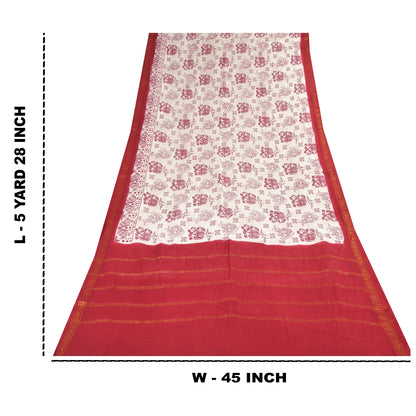 Sanskriti Vintage Sarees White/Red Zari Woven Print Pure Cotton Sari 5+yd Sustainable Fabric