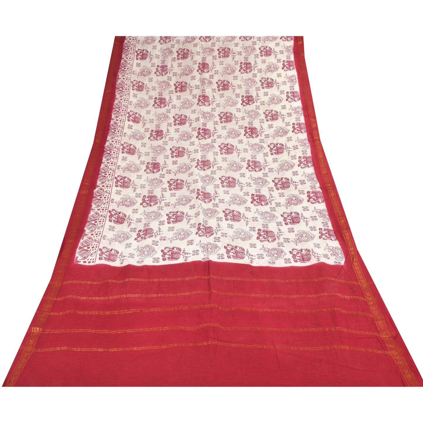 Sanskriti Vintage Sarees White/Red Zari Woven Print Pure Cotton Sari 5+yd Sustainable Fabric