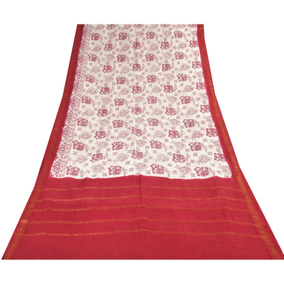 Sanskriti Vintage Sarees White/Red Zari Woven Print Pure Cotton Sari 5+yd Sustainable Fabric