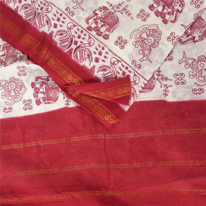 Sanskriti Vintage Sarees White/Red Zari Woven Print Pure Cotton Sari 5+yd Sustainable Fabric