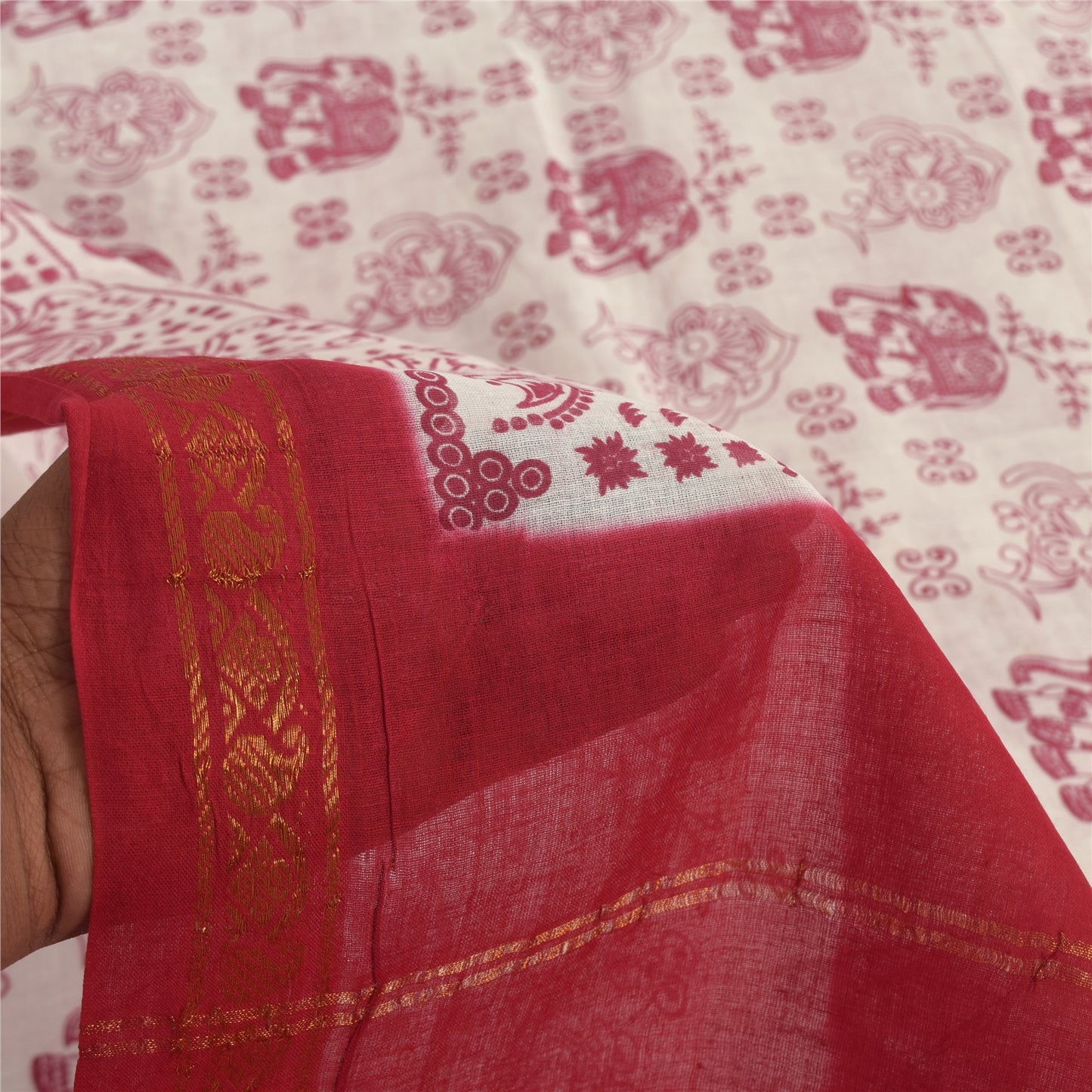 Sanskriti Vintage Sarees White/Red Zari Woven Print Pure Cotton Sari 5+yd Sustainable Fabric