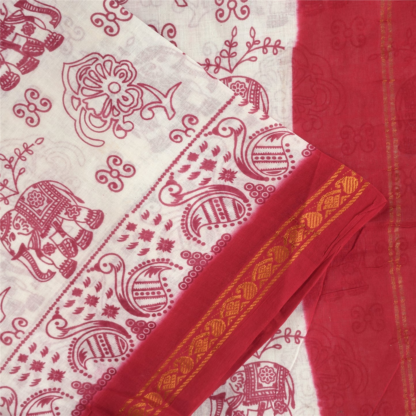 Sanskriti Vintage Sarees White/Red Zari Woven Print Pure Cotton Sari 5+yd Sustainable Fabric