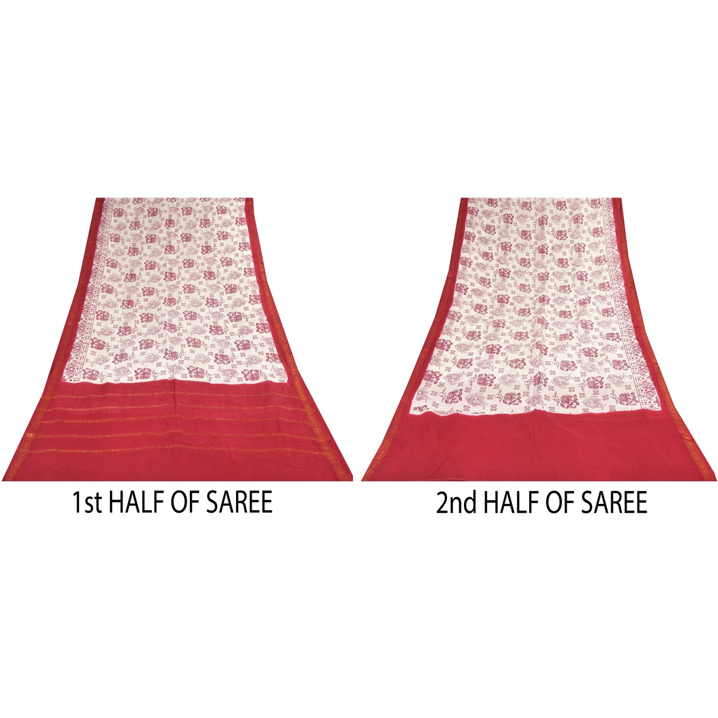 Sanskriti Vintage Sarees White/Red Zari Woven Print Pure Cotton Sari 5+yd Sustainable Fabric