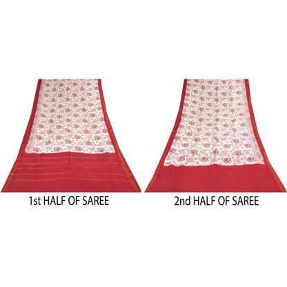 Sanskriti Vintage Sarees White/Red Zari Woven Print Pure Cotton Sari 5+yd Sustainable Fabric