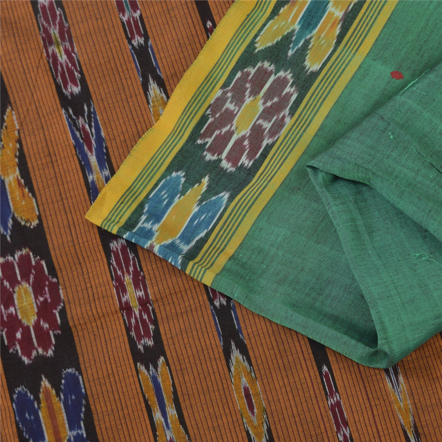 Sanskriti Vintage Sarees GreenIkat Handwoven Odisha Pure Cotton Sari 5+yd Sustainable Fabric