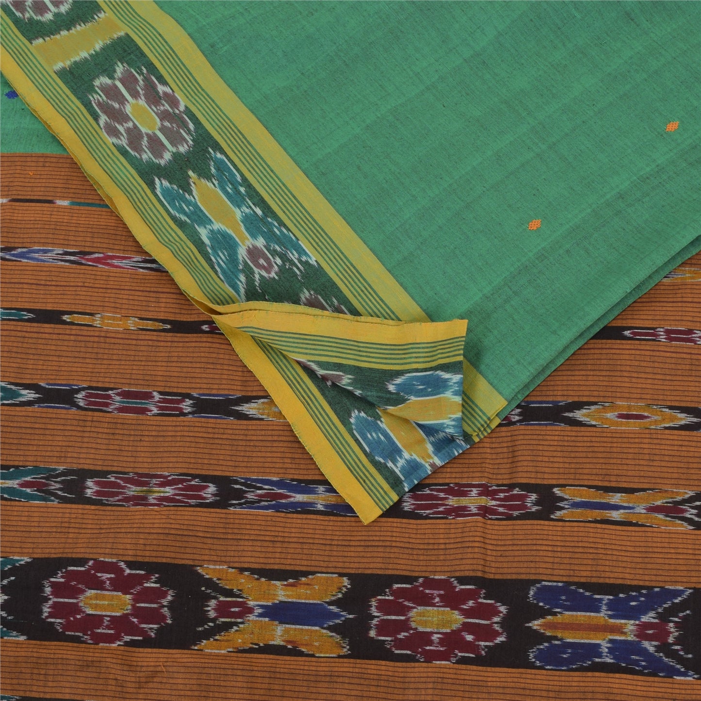 Sanskriti Vintage Sarees GreenIkat Handwoven Odisha Pure Cotton Sari 5+yd Sustainable Fabric