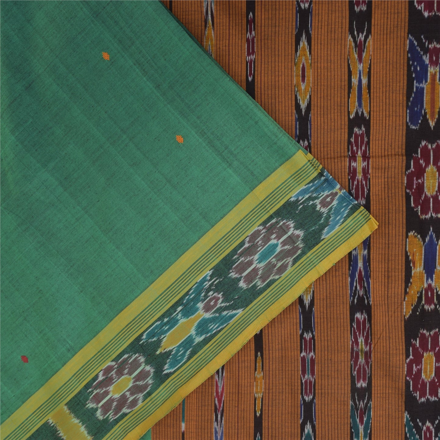 Sanskriti Vintage Sarees GreenIkat Handwoven Odisha Pure Cotton Sari 5+yd Sustainable Fabric