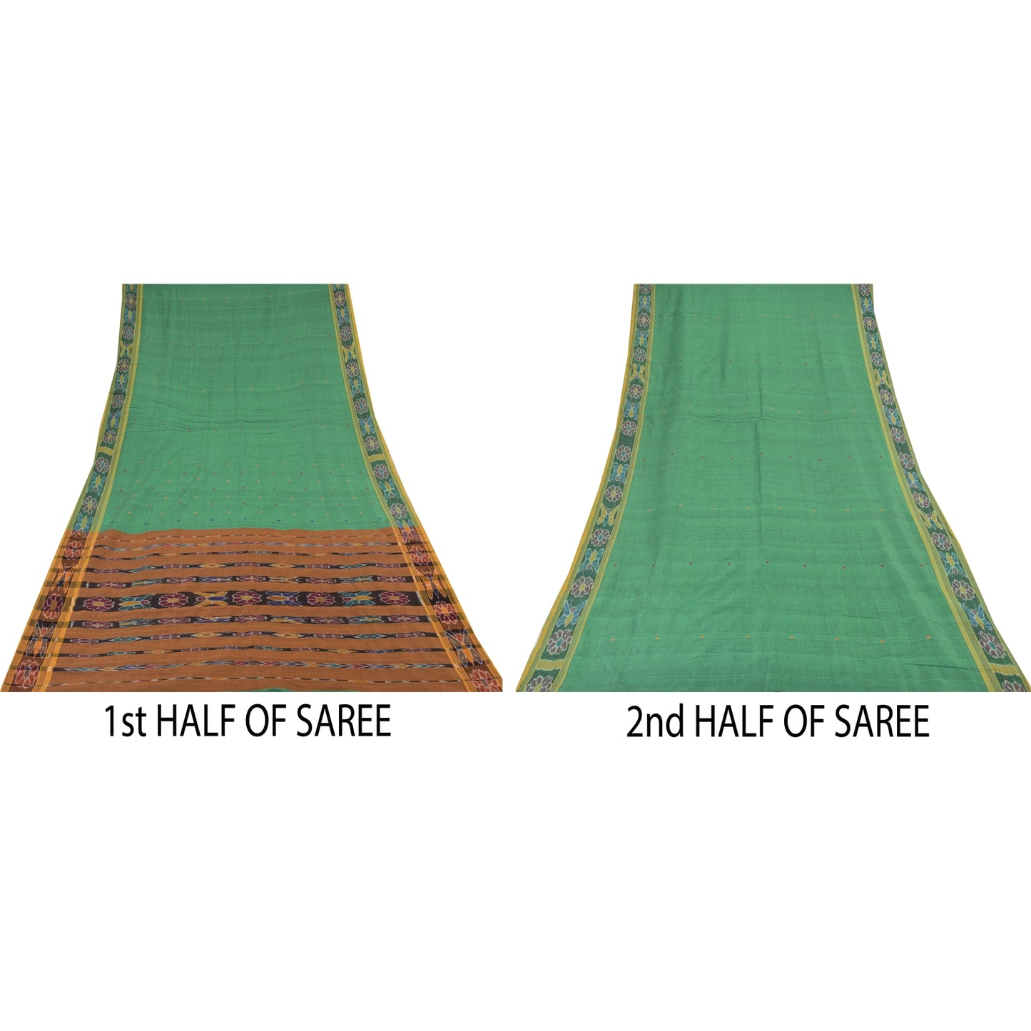 Sanskriti Vintage Sarees GreenIkat Handwoven Odisha Pure Cotton Sari 5+yd Sustainable Fabric