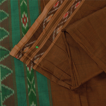 Sanskriti Vintage Sarees BrownIkat Handwoven Odisha BlendCotton Sari 7+yd Fabric