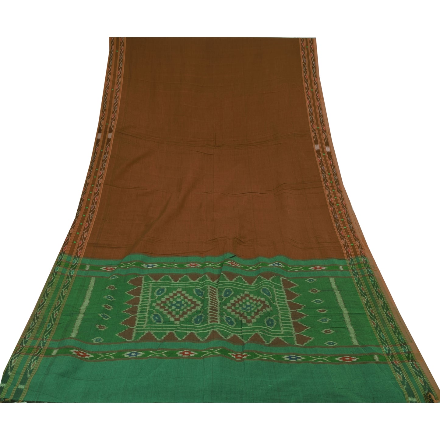 Sanskriti Vintage Sarees BrownIkat Handwoven Odisha BlendCotton Sari 7+yd Fabric