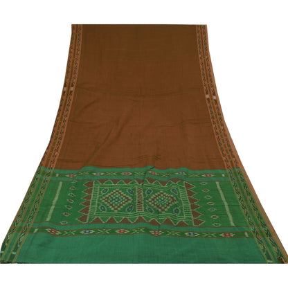 Sanskriti Vintage Sarees BrownIkat Handwoven Odisha BlendCotton Sari 7+yd Fabric