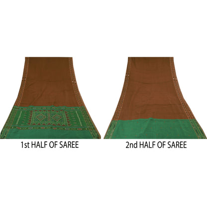 Sanskriti Vintage Sarees BrownIkat Handwoven Odisha BlendCotton Sari 7+yd Fabric