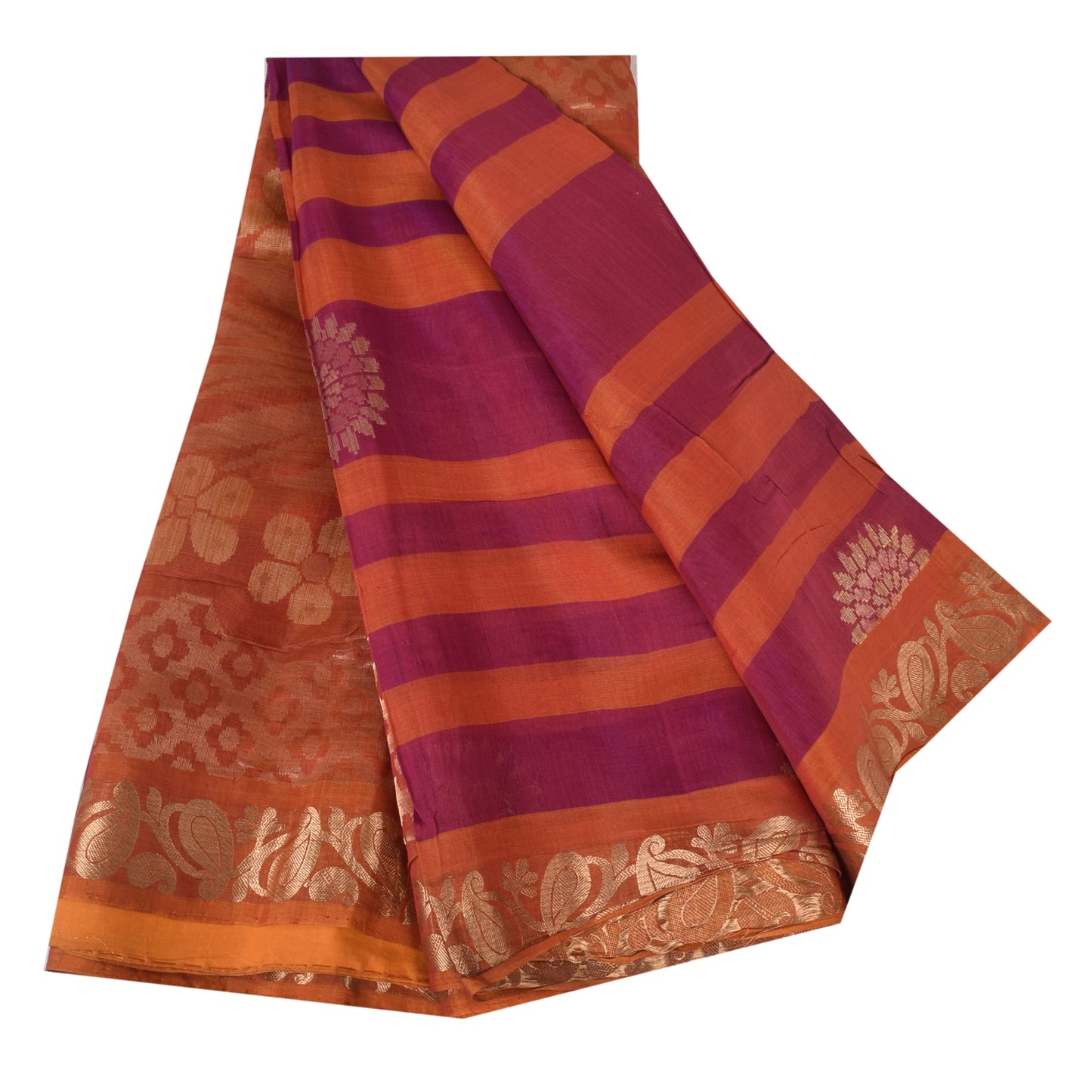 Sanskriti Vintage Sarees Pink/Orange Pure Cotton Woven Sari 5+yd Craft Sustainable Fabric