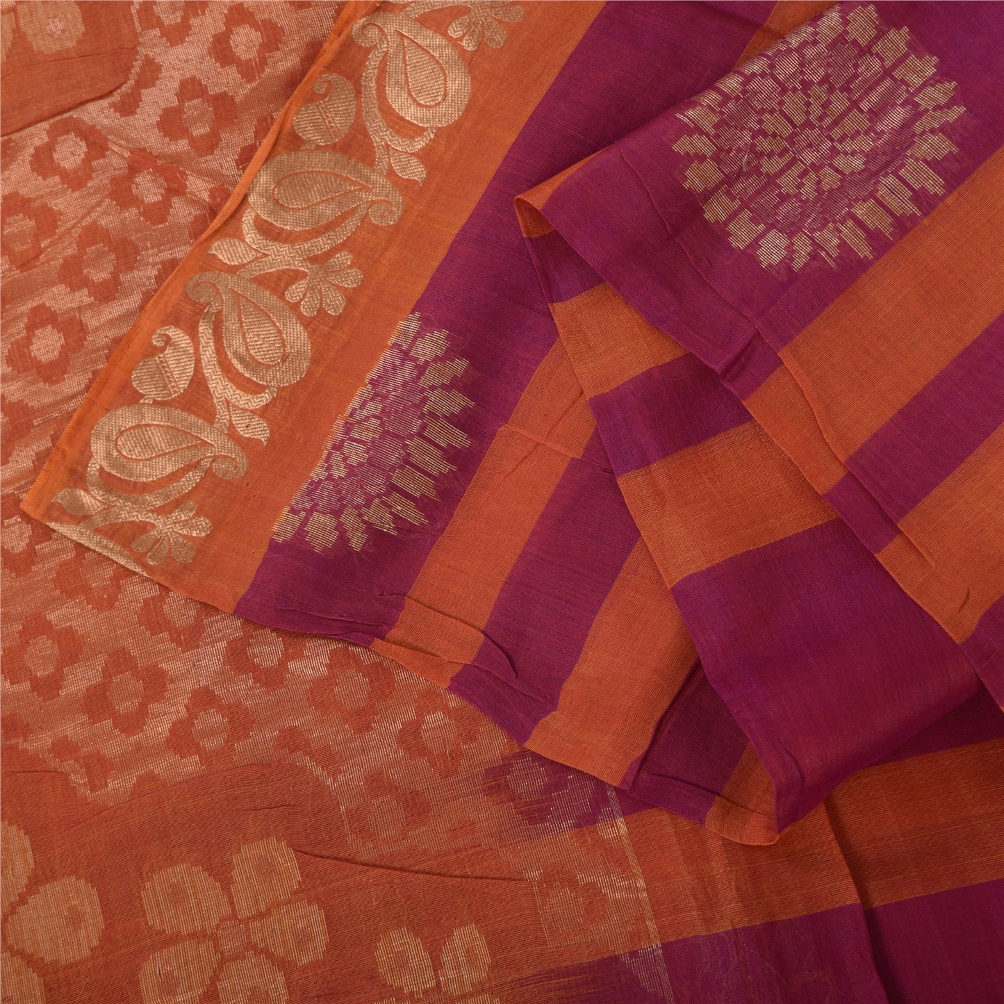Sanskriti Vintage Sarees Pink/Orange Pure Cotton Woven Sari 5+yd Craft Sustainable Fabric