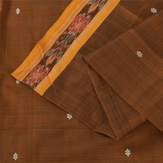 Sanskriti Vintage Sarees BrownIkat Handwoven Odisha Pure Cotton Sari 6+yd Sustainable Fabric