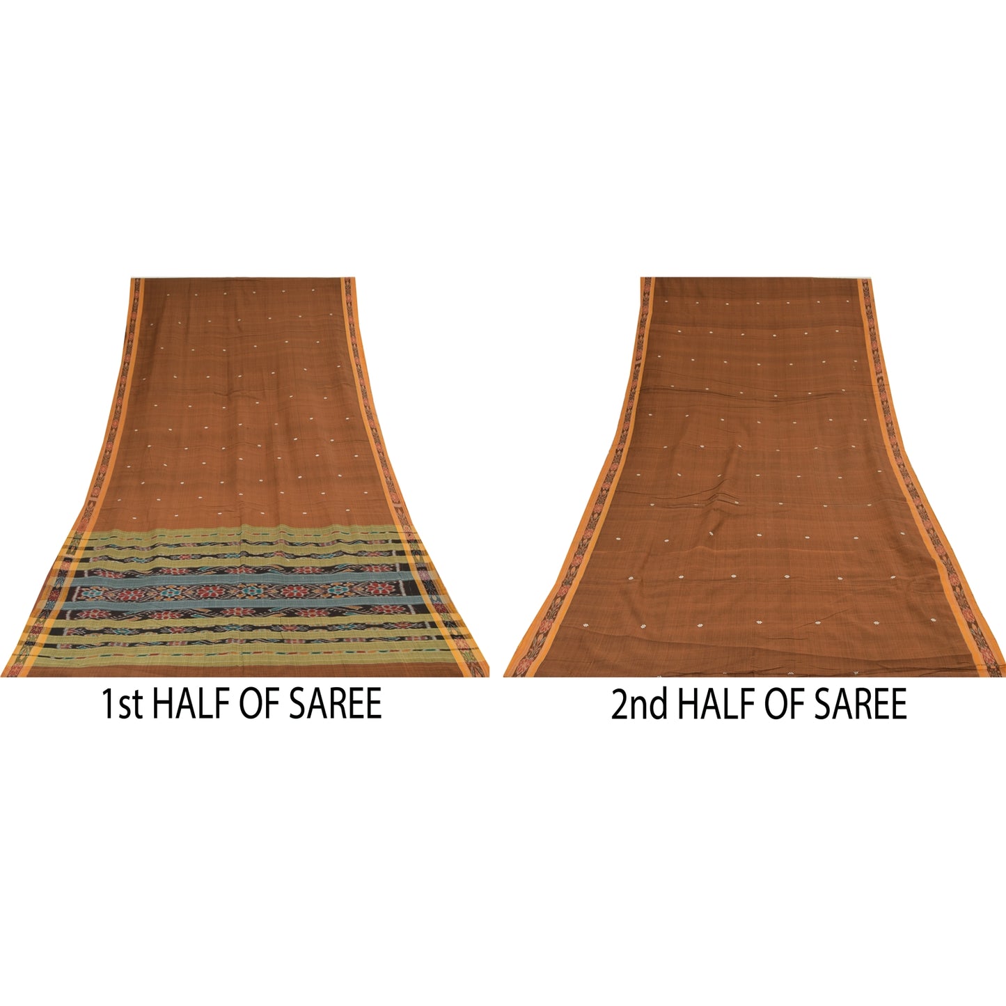 Sanskriti Vintage Sarees BrownIkat Handwoven Odisha Pure Cotton Sari 6+yd Sustainable Fabric