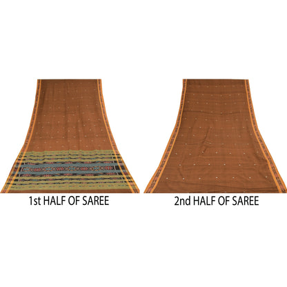Sanskriti Vintage Sarees BrownIkat Handwoven Odisha Pure Cotton Sari 6+yd Sustainable Fabric
