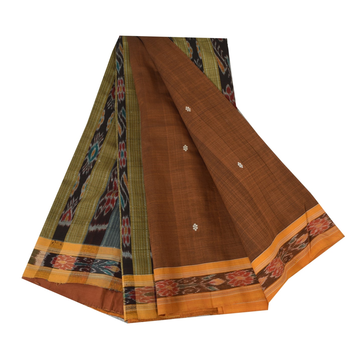 Sanskriti Vintage Sarees BrownIkat Handwoven Odisha Pure Cotton Sari 6+yd Sustainable Fabric