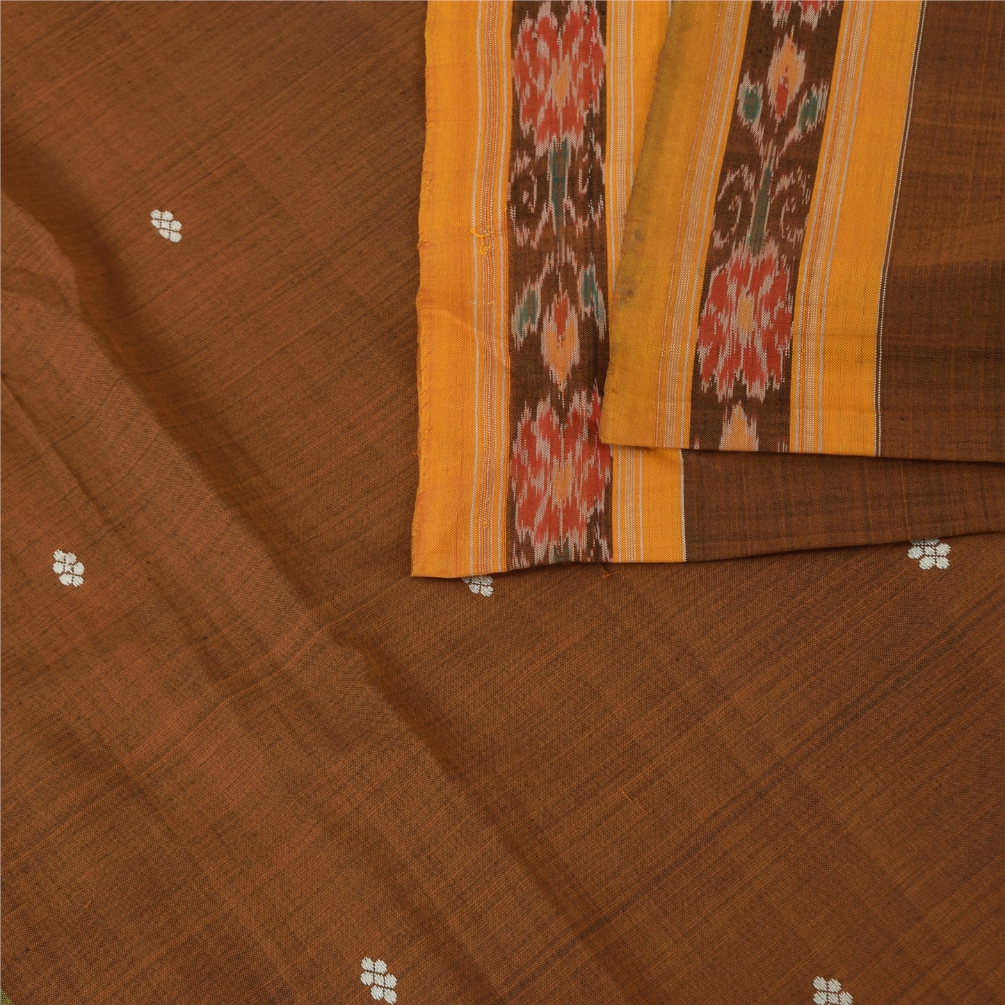 Sanskriti Vintage Sarees BrownIkat Handwoven Odisha Pure Cotton Sari 6+yd Sustainable Fabric