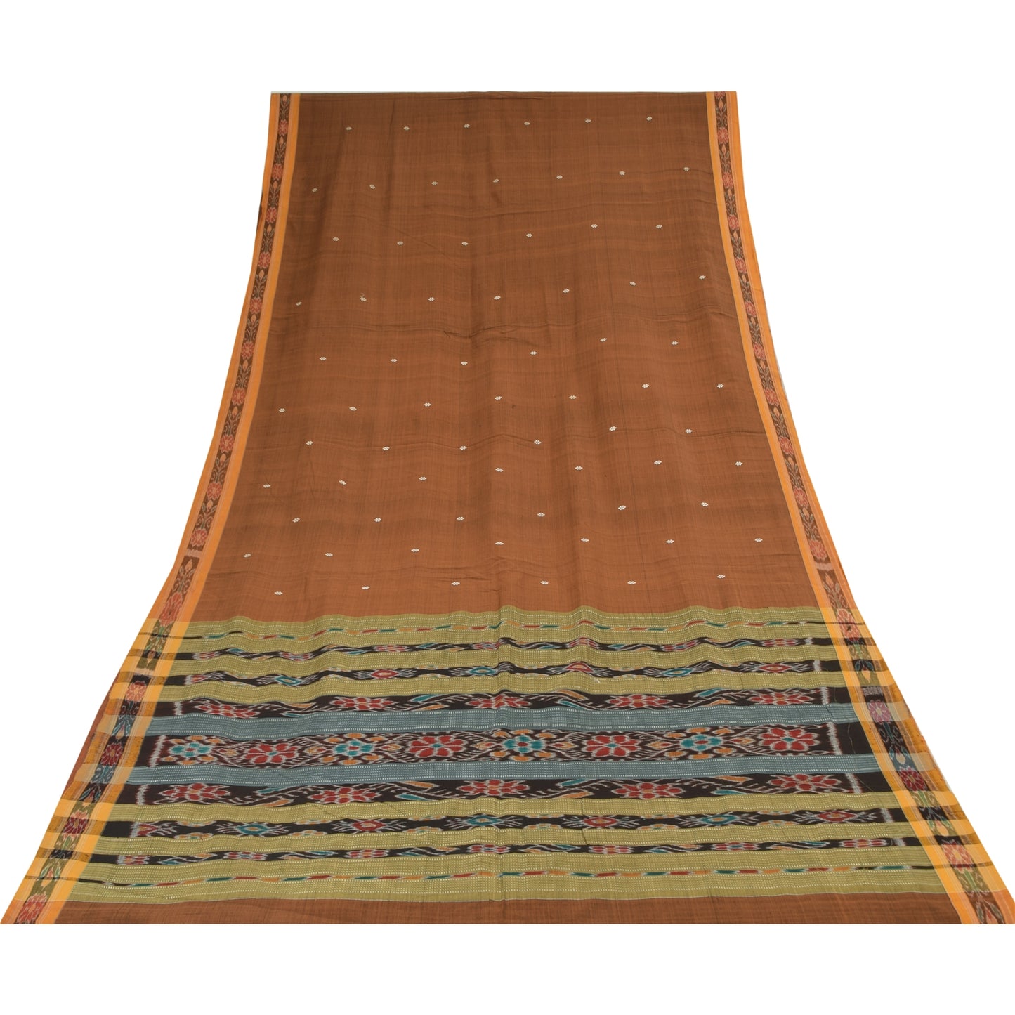 Sanskriti Vintage Sarees BrownIkat Handwoven Odisha Pure Cotton Sari 6+yd Sustainable Fabric
