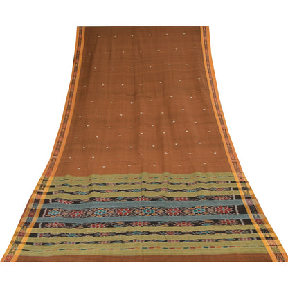 Sanskriti Vintage Sarees BrownIkat Handwoven Odisha Pure Cotton Sari 6+yd Sustainable Fabric