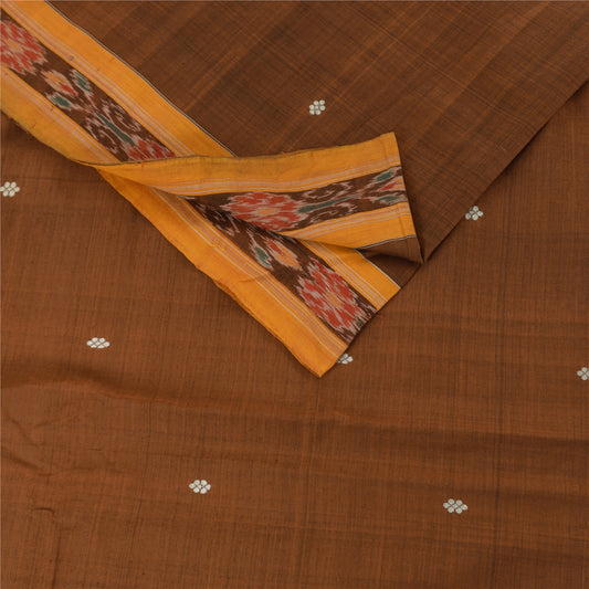 Sanskriti Vintage Sarees BrownIkat Handwoven Odisha Pure Cotton Sari 6+yd Sustainable Fabric