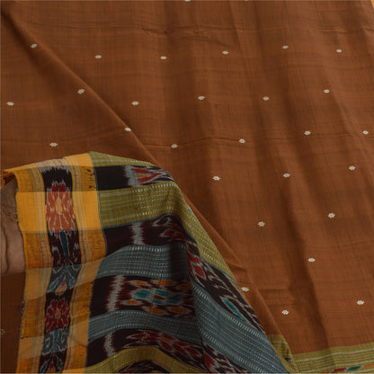Sanskriti Vintage Sarees BrownIkat Handwoven Odisha Pure Cotton Sari 6+yd Sustainable Fabric