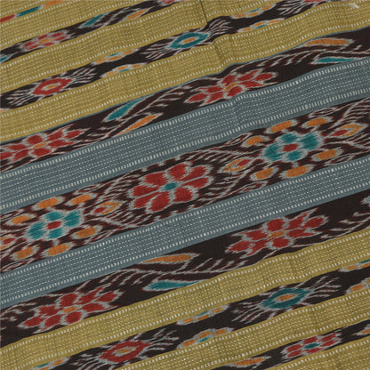 Sanskriti Vintage Sarees BrownIkat Handwoven Odisha Pure Cotton Sari 6+yd Sustainable Fabric