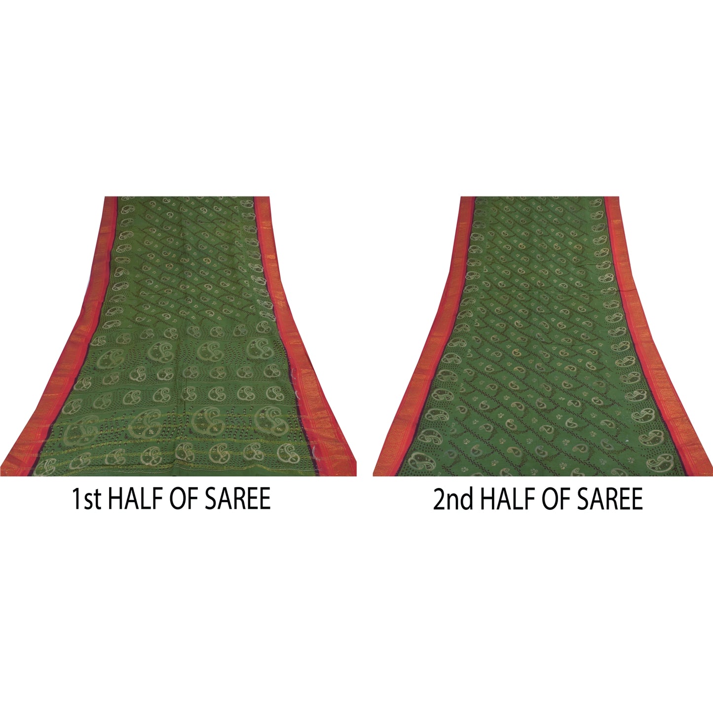 Sanskriti Vintage Sarees Green Zari Border Pure Cotton Printed Sari 5+yd Sustainable Fabric