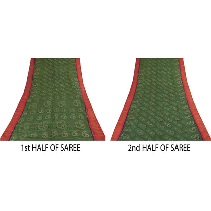 Sanskriti Vintage Sarees Green Zari Border Pure Cotton Printed Sari 5+yd Sustainable Fabric