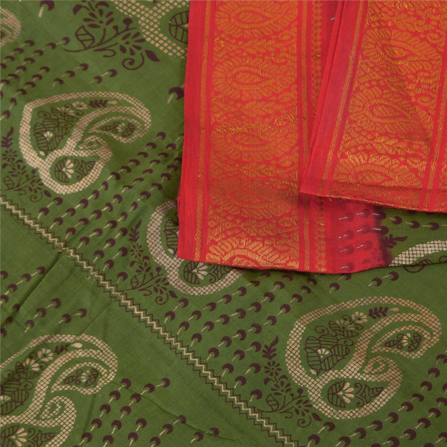 Sanskriti Vintage Sarees Green Zari Border Pure Cotton Printed Sari 5+yd Sustainable Fabric