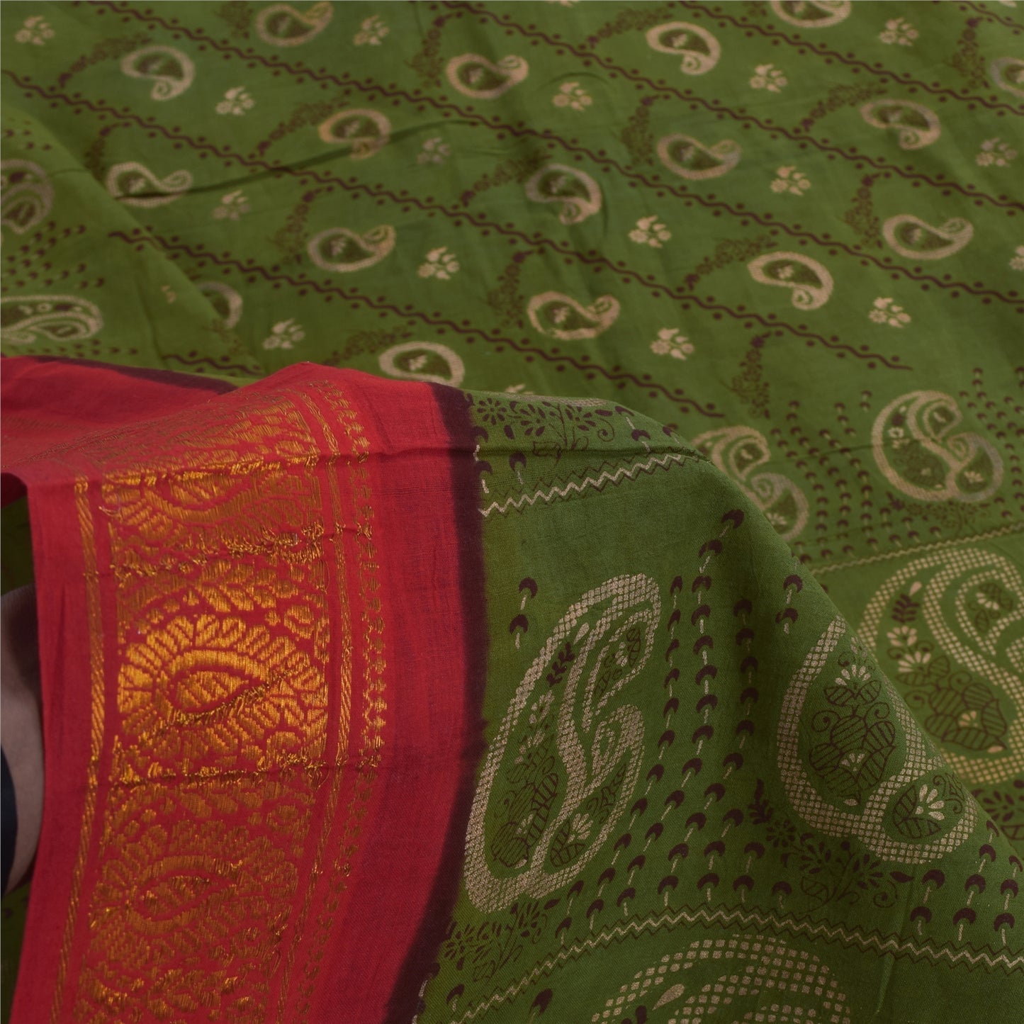 Sanskriti Vintage Sarees Green Zari Border Pure Cotton Printed Sari 5+yd Sustainable Fabric