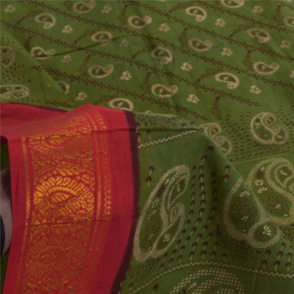Sanskriti Vintage Sarees Green Zari Border Pure Cotton Printed Sari 5+yd Sustainable Fabric