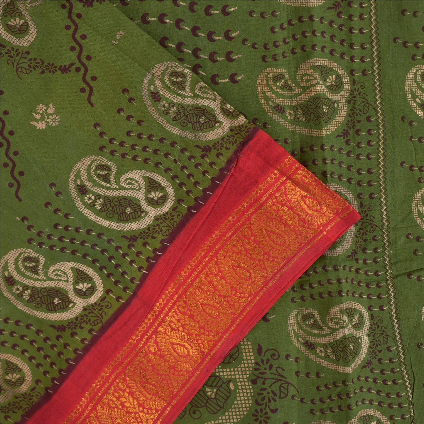 Sanskriti Vintage Sarees Green Zari Border Pure Cotton Printed Sari 5+yd Sustainable Fabric