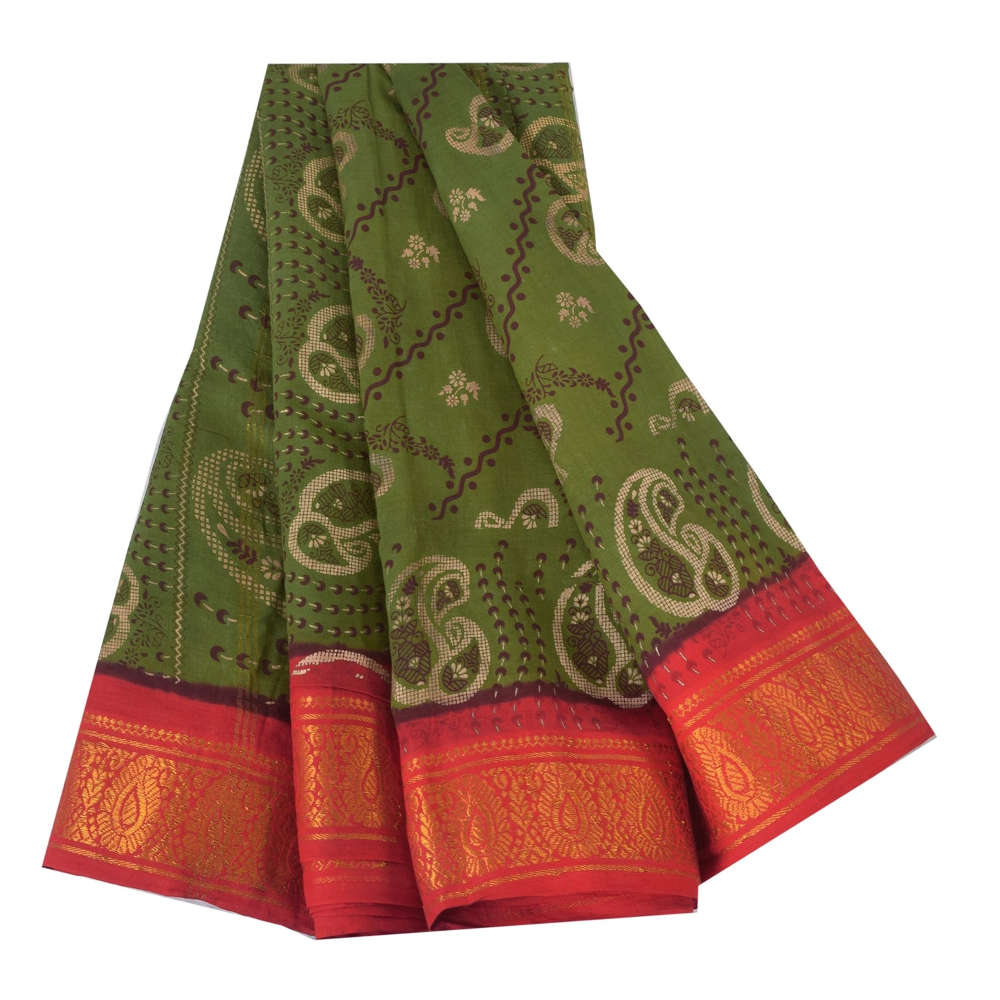 Sanskriti Vintage Sarees Green Zari Border Pure Cotton Printed Sari 5+yd Sustainable Fabric