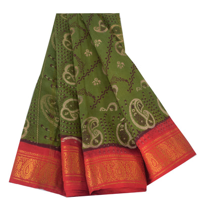 Sanskriti Vintage Sarees Green Zari Border Pure Cotton Printed Sari 5+yd Sustainable Fabric