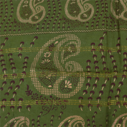 Sanskriti Vintage Sarees Green Zari Border Pure Cotton Printed Sari 5+yd Sustainable Fabric