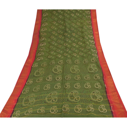 Sanskriti Vintage Sarees Green Zari Border Pure Cotton Printed Sari 5+yd Sustainable Fabric