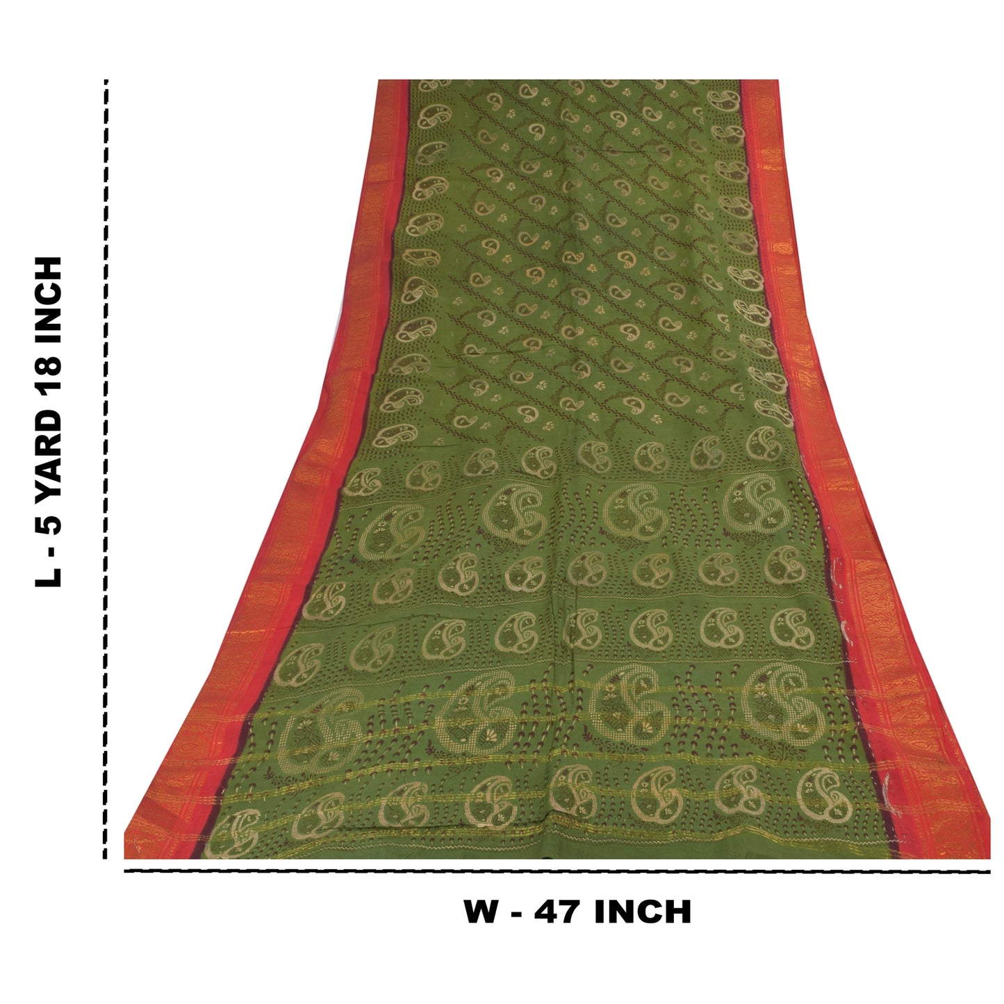 Sanskriti Vintage Sarees Green Zari Border Pure Cotton Printed Sari 5+yd Sustainable Fabric