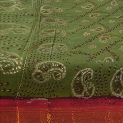 Sanskriti Vintage Sarees Green Zari Border Pure Cotton Printed Sari 5+yd Sustainable Fabric