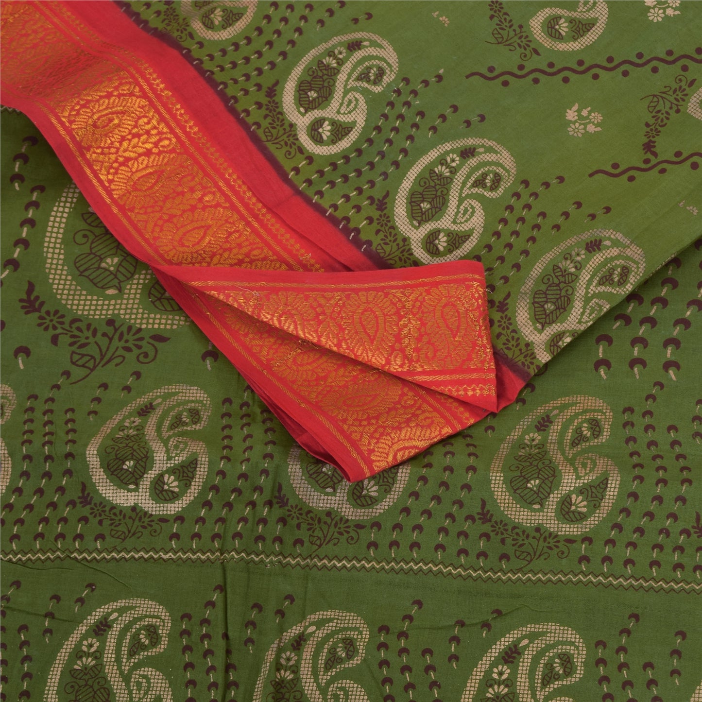 Sanskriti Vintage Sarees Green Zari Border Pure Cotton Printed Sari 5+yd Sustainable Fabric