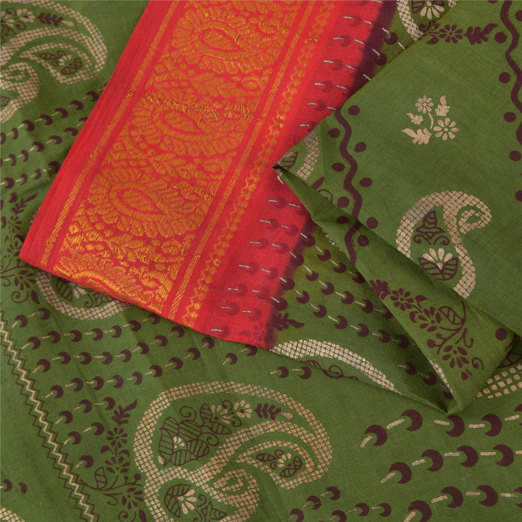 Sanskriti Vintage Sarees Green Zari Border Pure Cotton Printed Sari 5+yd Sustainable Fabric