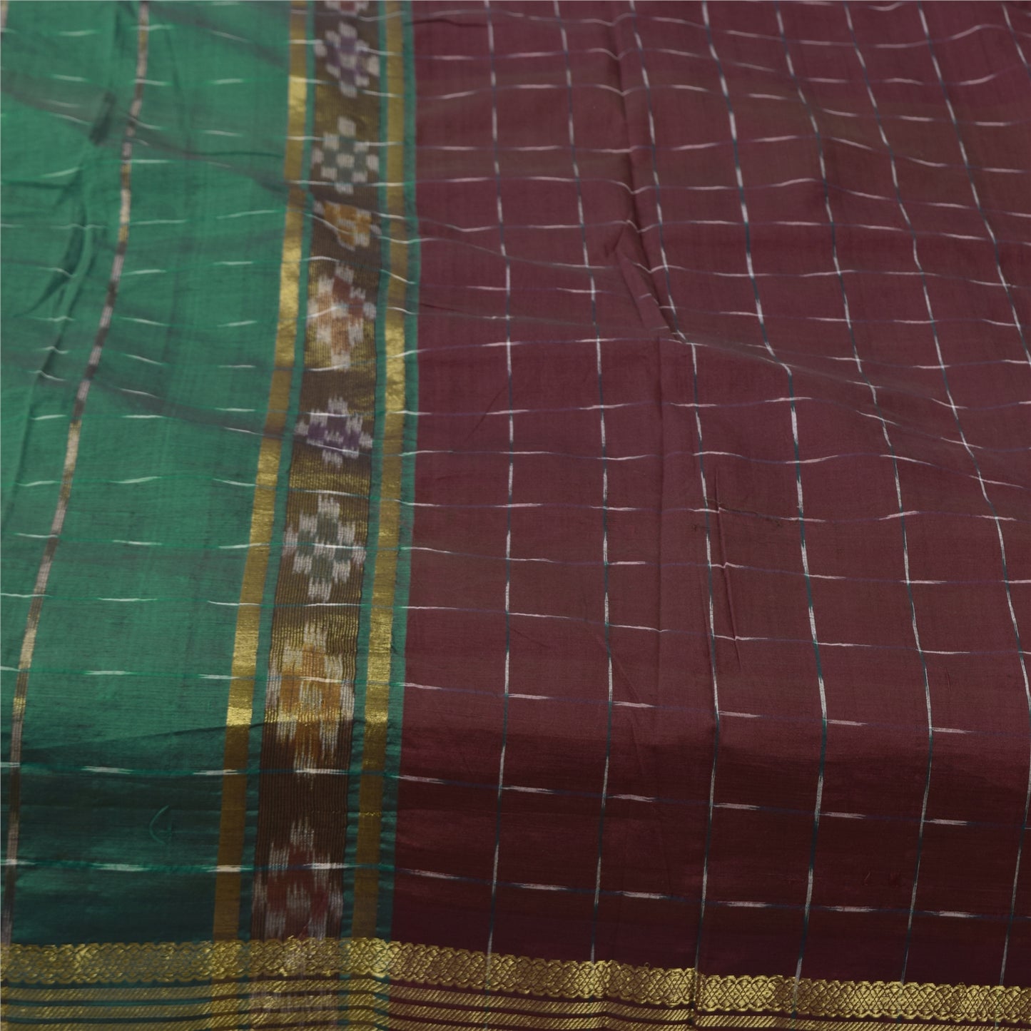 Sanskriti Vintage Sarees Red Ikat Handwoven Zari Pure Cotton Sari 5+yd Sustainable Fabric