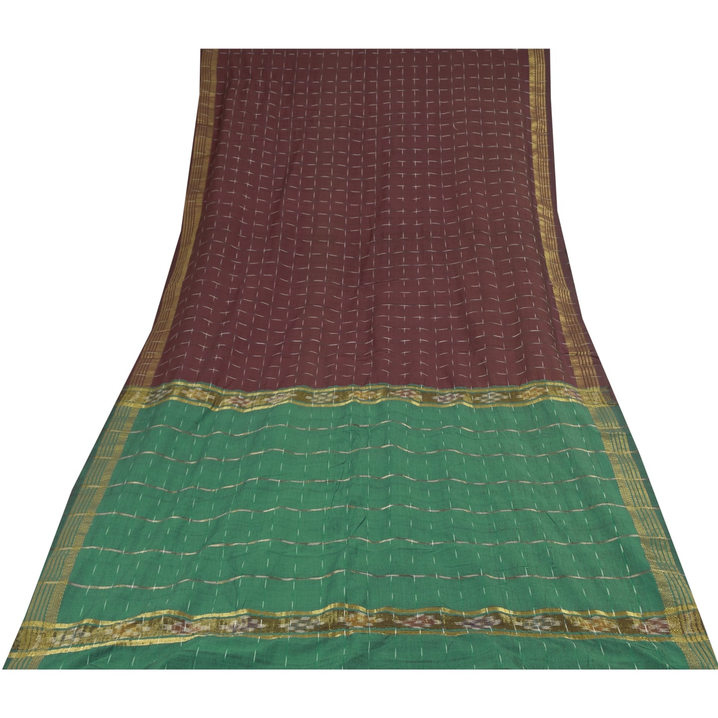 Sanskriti Vintage Sarees Red Ikat Handwoven Zari Pure Cotton Sari 5+yd Sustainable Fabric