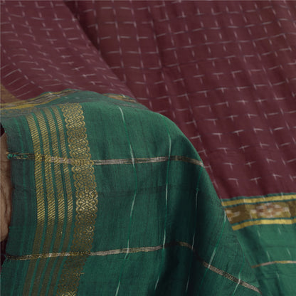 Sanskriti Vintage Sarees Red Ikat Handwoven Zari Pure Cotton Sari 5+yd Sustainable Fabric