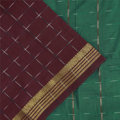 Sanskriti Vintage Sarees Red Ikat Handwoven Zari Pure Cotton Sari 5+yd Sustainable Fabric