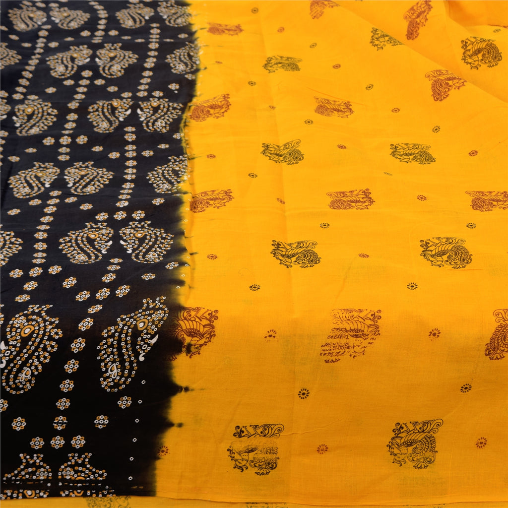 Sanskriti Vintage Sarees Yellow Hand Block Printed Pure Cotton Sari 6+yd Sustainable Fabric